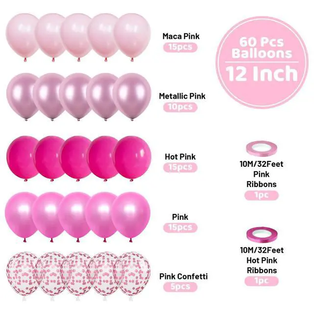 Alt view image 2 of 7 - Pink Balloons Set, 60PCS Hot Pink Latex Balloons, 12Inch Pink Confetti Balloon Pastel Pink Metallic Party Balloons Helium for Girls Women Baby Shower Princess Wedding Birthday Party Decoration