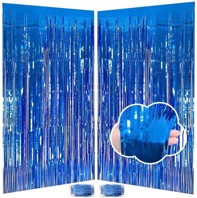 Main image of Blue Streamers Party Decorations 3.3x8.2ft, 2 Pack Dark Blue Tinsel Backdrop for Ocean Themed Party Decor, Glitter Blue Foil Fringe Curtains for Door Decorations Hanging Birthday Baby Shower Halloween