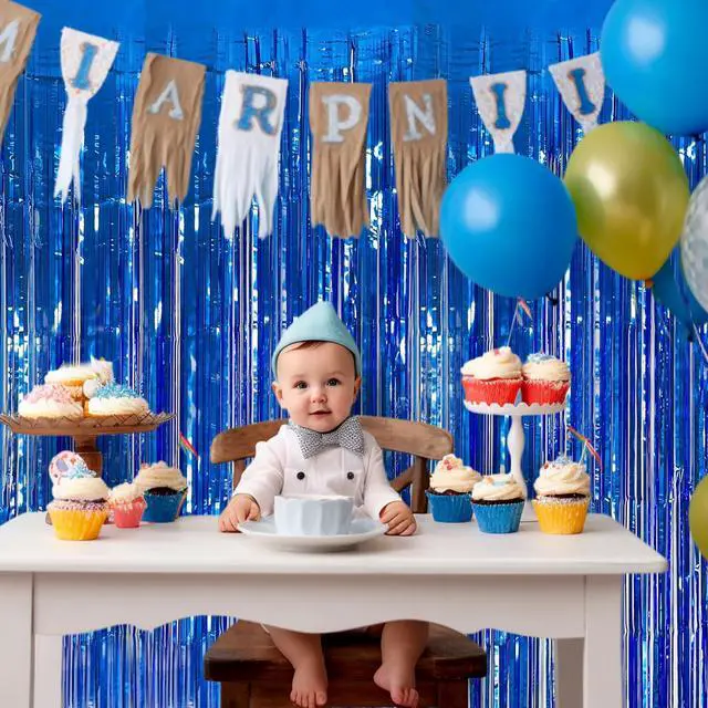 Alt view image 2 of 7 - Blue Streamers Party Decorations 3.3x8.2ft, 2 Pack Dark Blue Tinsel Backdrop for Ocean Themed Party Decor, Glitter Blue Foil Fringe Curtains for Door Decorations Hanging Birthday Baby Shower Halloween