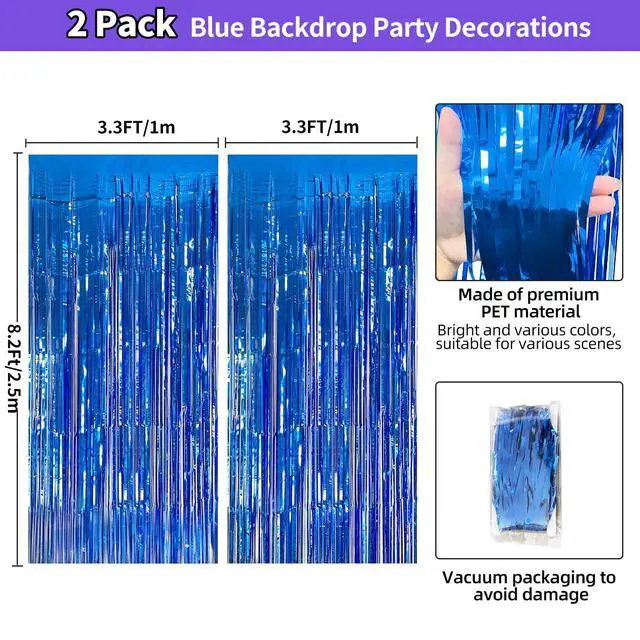 Alt view image 3 of 7 - Blue Streamers Party Decorations 3.3x8.2ft, 2 Pack Dark Blue Tinsel Backdrop for Ocean Themed Party Decor, Glitter Blue Foil Fringe Curtains for Door Decorations Hanging Birthday Baby Shower Halloween