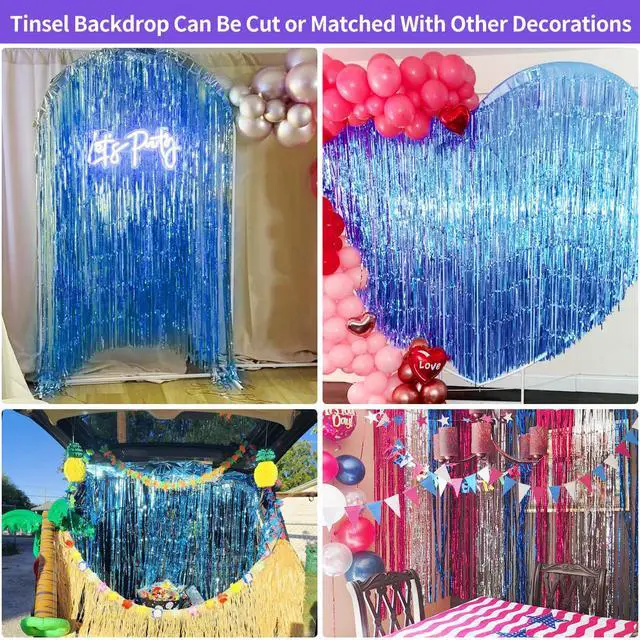 Alt view image 5 of 7 - Blue Streamers Party Decorations 3.3x8.2ft, 2 Pack Dark Blue Tinsel Backdrop for Ocean Themed Party Decor, Glitter Blue Foil Fringe Curtains for Door Decorations Hanging Birthday Baby Shower Halloween