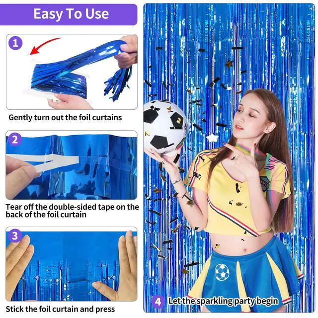 Alt view image 6 of 7 - Blue Streamers Party Decorations 3.3x8.2ft, 2 Pack Dark Blue Tinsel Backdrop for Ocean Themed Party Decor, Glitter Blue Foil Fringe Curtains for Door Decorations Hanging Birthday Baby Shower Halloween