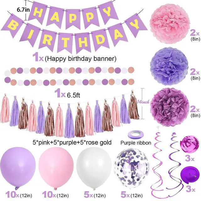 Alt view image 2 of 6 - Purple Pink Birthday Party Decorations for Women Girls with Happy Birthday Banner,Hanging Swirls,Tissue Paper Pompoms,Circle Dots Garland,Tassel Garland Purple Balloons