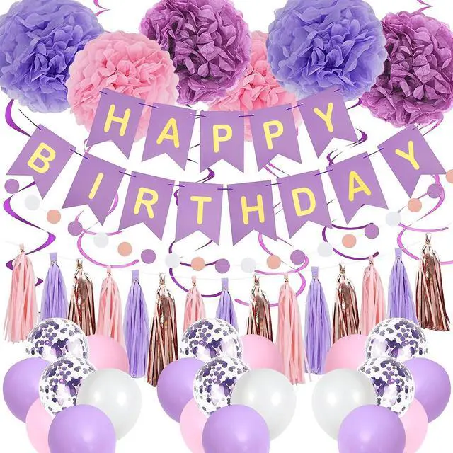 Main image of Purple Pink Birthday Party Decorations for Women Girls with Happy Birthday Banner,Hanging Swirls,Tissue Paper Pompoms,Circle Dots Garland,Tassel Garland Purple Balloons