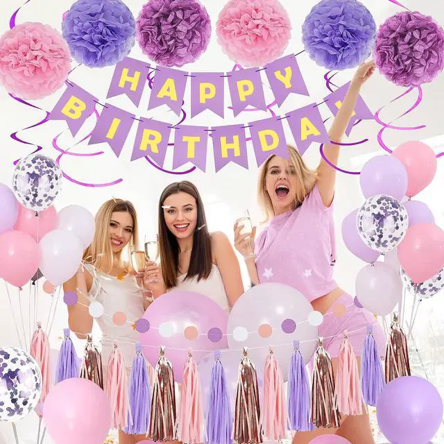 Alt view image 3 of 6 - Purple Pink Birthday Party Decorations for Women Girls with Happy Birthday Banner,Hanging Swirls,Tissue Paper Pompoms,Circle Dots Garland,Tassel Garland Purple Balloons