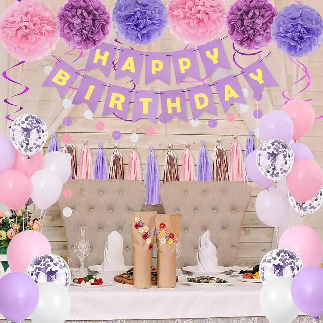 Alt view image 5 of 6 - Purple Pink Birthday Party Decorations for Women Girls with Happy Birthday Banner,Hanging Swirls,Tissue Paper Pompoms,Circle Dots Garland,Tassel Garland Purple Balloons