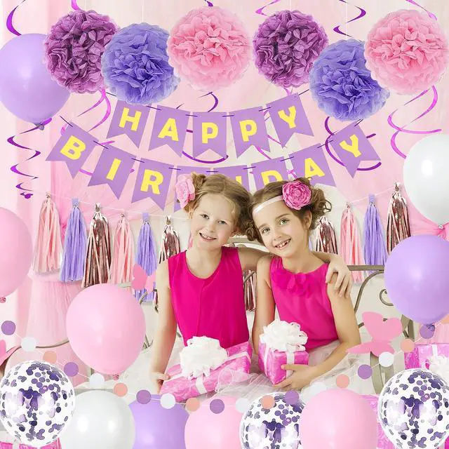 Alt view image 4 of 6 - Purple Pink Birthday Party Decorations for Women Girls with Happy Birthday Banner,Hanging Swirls,Tissue Paper Pompoms,Circle Dots Garland,Tassel Garland Purple Balloons