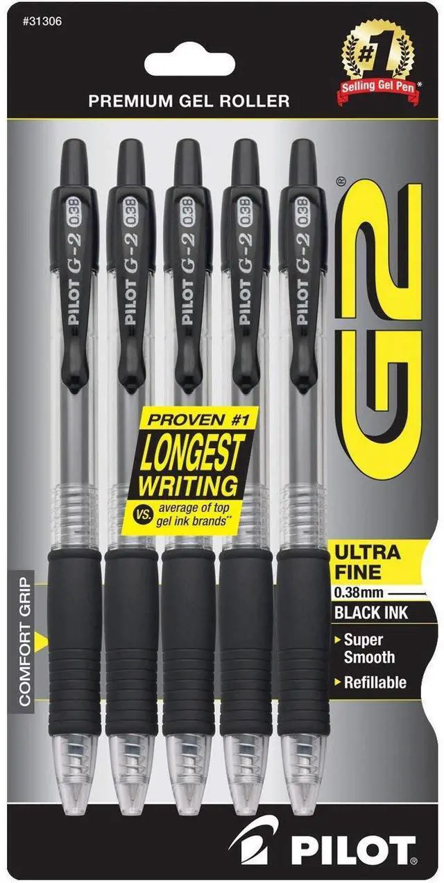 Main image of G2 Premium Refillable and Retractable Rolling Ball Gel Pens, Ultra Fine Point, Gel Ink Pens, 0.38mm, Black Ink, 5-Pack