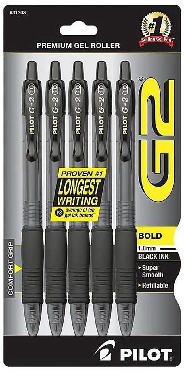 Main image of G2 Premium Refillable & Retractable Rolling Ball Gel Pens, Bold Point, Bold Gel Pens, 1.0 mm, Black Ink, 5-Pack