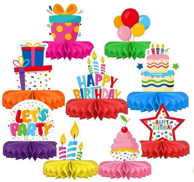 Main image of Happy Birthday Decorations Set - Colorful Themed Honeycomb Centerpiece, Table Decoration for Kids' Birthday Party Supplies