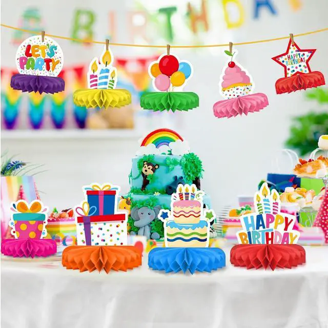 Alt view image 3 of 7 - Happy Birthday Decorations Set - Colorful Themed Honeycomb Centerpiece, Table Decoration for Kids' Birthday Party Supplies
