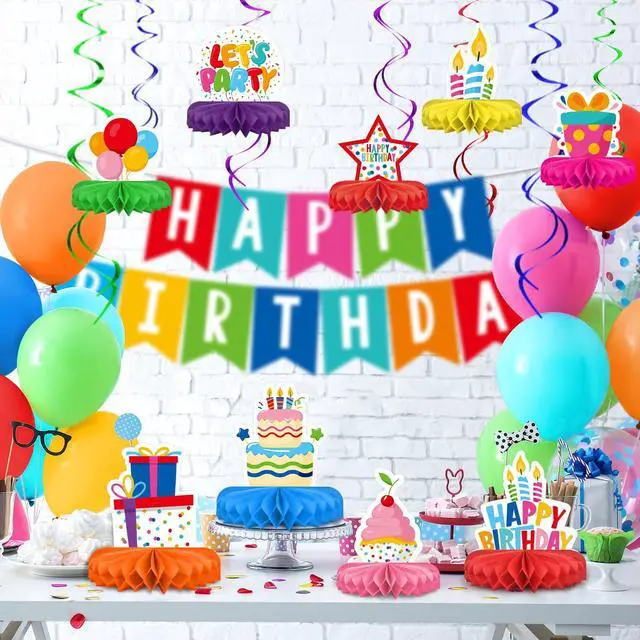 Alt view image 4 of 7 - Happy Birthday Decorations Set - Colorful Themed Honeycomb Centerpiece, Table Decoration for Kids' Birthday Party Supplies