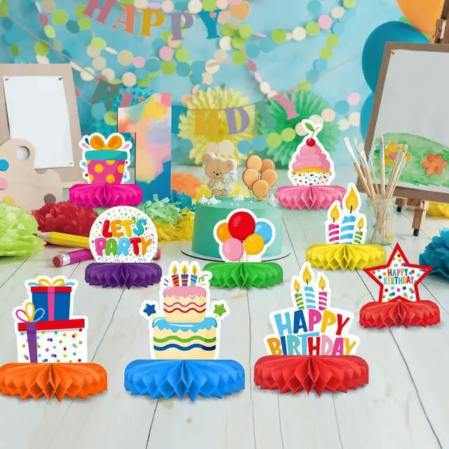 Alt view image 6 of 7 - Happy Birthday Decorations Set - Colorful Themed Honeycomb Centerpiece, Table Decoration for Kids' Birthday Party Supplies