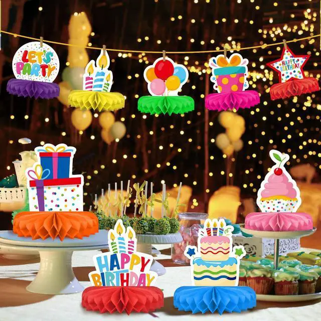 Alt view image 7 of 7 - Happy Birthday Decorations Set - Colorful Themed Honeycomb Centerpiece, Table Decoration for Kids' Birthday Party Supplies