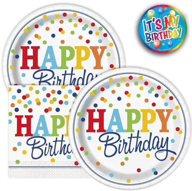 Main image of 32 Piece Heavy Duty Polka Dot Birthday Party Plates and Napkins Set Colorful Disposable Tableware Includes 16 9-Inch Plates and 16 Napkins Fun Multicolor Dot Design