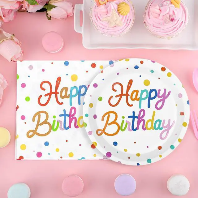 Alt view image 2 of 7 - 50 Pcs Happy Birthday Paper Plates and Napkins, 7 Inch Colorful Polka Dot Birthday Cake Dessert Plates Disposable Tableware Set for Birthdays Party Decorations, 25 Guests