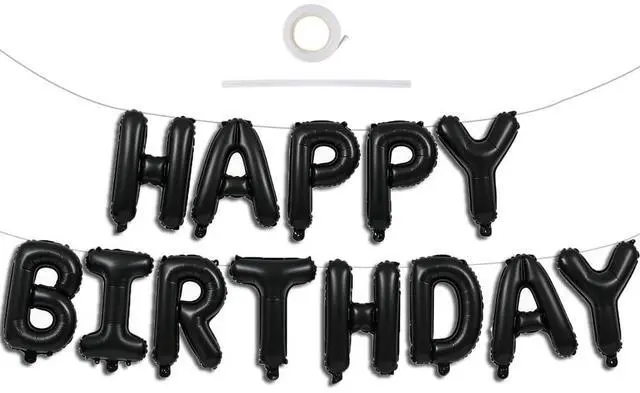 Main image of Black Happy Birthday Balloons Banner Decoration 16 Inch Mylar Foil Letters Birthday Sign Banner Bunting Reusable for 30th 40th 50th 60th Men Adults and Halloween Party Supplies
