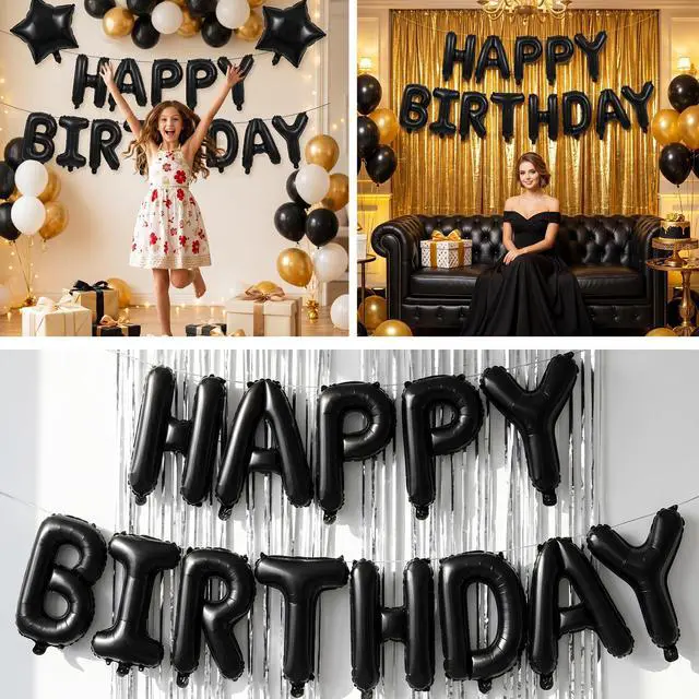 Alt view image 6 of 6 - Black Happy Birthday Balloons Banner Decoration 16 Inch Mylar Foil Letters Birthday Sign Banner Bunting Reusable for 30th 40th 50th 60th Men Adults and Halloween Party Supplies