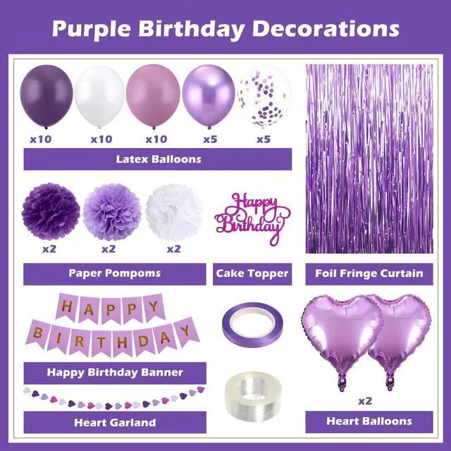 Alt view image 2 of 6 - Purple Birthday Decorations for Women, Happy Birthday Party Decorations, Happy Birthday Banner, Purple Balloons, Foil Fringe Curtains, Tissue Paper Pompoms, Heart Garland, Party Decor for Girls