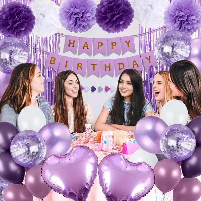 Alt view image 4 of 6 - Purple Birthday Decorations for Women, Happy Birthday Party Decorations, Happy Birthday Banner, Purple Balloons, Foil Fringe Curtains, Tissue Paper Pompoms, Heart Garland, Party Decor for Girls