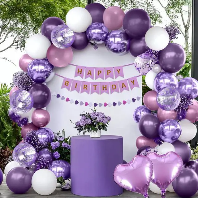 Alt view image 5 of 6 - Purple Birthday Decorations for Women, Happy Birthday Party Decorations, Happy Birthday Banner, Purple Balloons, Foil Fringe Curtains, Tissue Paper Pompoms, Heart Garland, Party Decor for Girls