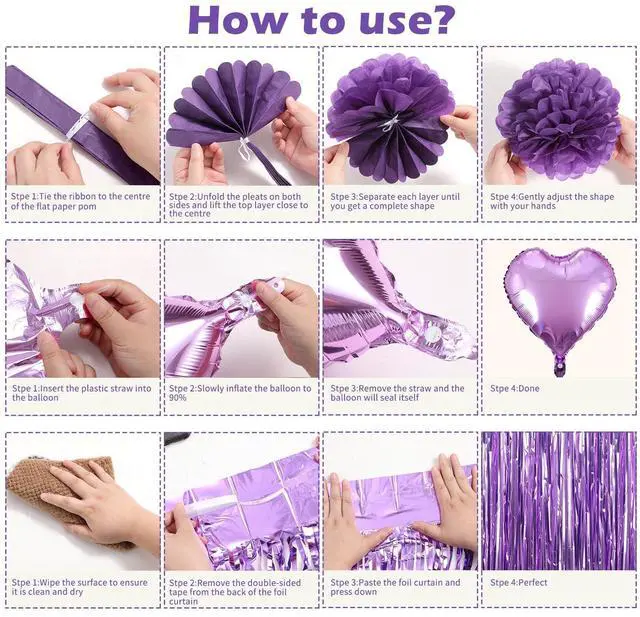 Alt view image 6 of 6 - Purple Birthday Decorations for Women, Happy Birthday Party Decorations, Happy Birthday Banner, Purple Balloons, Foil Fringe Curtains, Tissue Paper Pompoms, Heart Garland, Party Decor for Girls