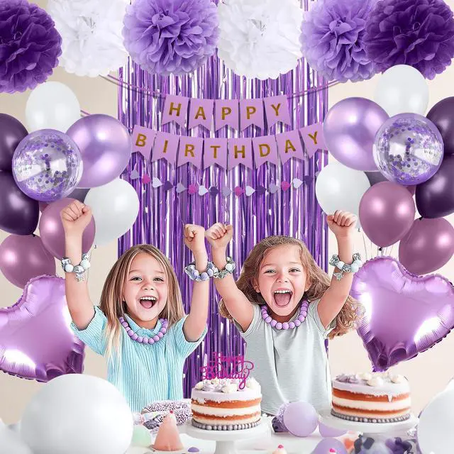 Alt view image 3 of 6 - Purple Birthday Decorations for Women, Happy Birthday Party Decorations, Happy Birthday Banner, Purple Balloons, Foil Fringe Curtains, Tissue Paper Pompoms, Heart Garland, Party Decor for Girls