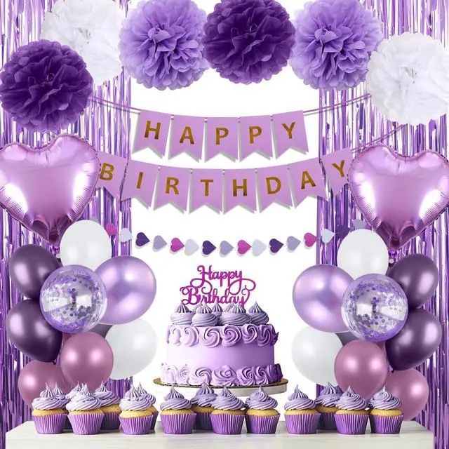 Main image of Purple Birthday Decorations for Women, Happy Birthday Party Decorations, Happy Birthday Banner, Purple Balloons, Foil Fringe Curtains, Tissue Paper Pompoms, Heart Garland, Party Decor for Girls