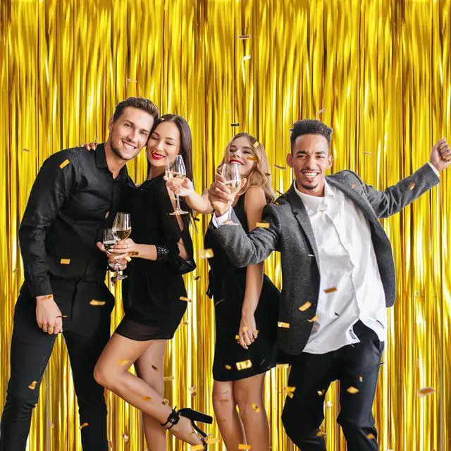 Alt view image 5 of 6 - 3.2 ft x 9.8 ft Metallic Tinsel Foil Fringe Curtains Party Photo Backdrop Party Streamers for Birthday,Graduation,New Year Eve Decorations Wedding Decor (1 Pack, Gold)