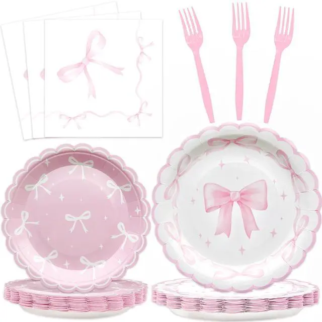 Main image of 96Pcs Pink Bow Party Supplies Disposable Tableware Set Serve 24 Guests Include Pink Bow Plates and Napkins Forks for Bachelorette Bridal Engagement Baby Shower Birthday Party Decorations