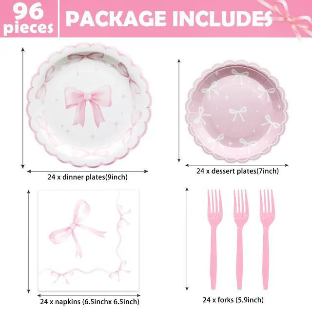 Alt view image 2 of 7 - 96Pcs Pink Bow Party Supplies Disposable Tableware Set Serve 24 Guests Include Pink Bow Plates and Napkins Forks for Bachelorette Bridal Engagement Baby Shower Birthday Party Decorations