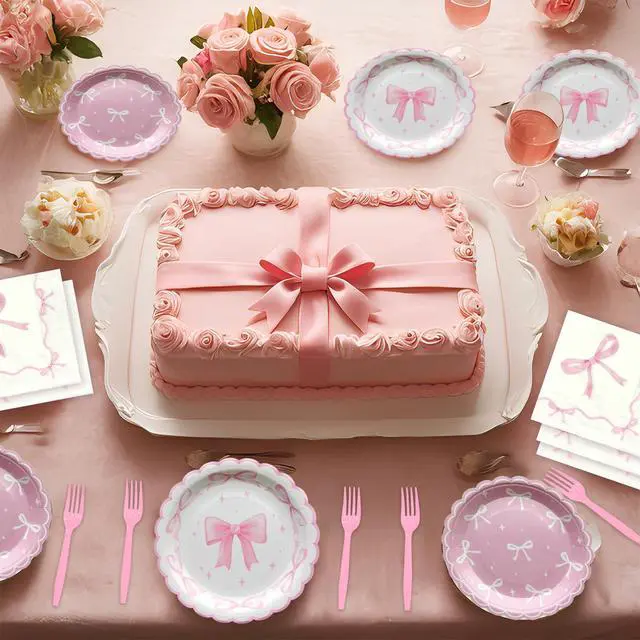Alt view image 4 of 7 - 96Pcs Pink Bow Party Supplies Disposable Tableware Set Serve 24 Guests Include Pink Bow Plates and Napkins Forks for Bachelorette Bridal Engagement Baby Shower Birthday Party Decorations
