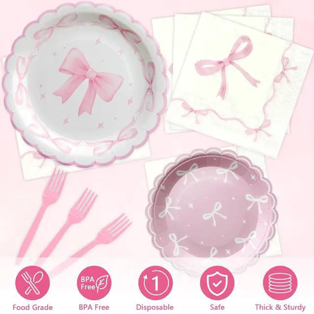 Alt view image 3 of 7 - 96Pcs Pink Bow Party Supplies Disposable Tableware Set Serve 24 Guests Include Pink Bow Plates and Napkins Forks for Bachelorette Bridal Engagement Baby Shower Birthday Party Decorations