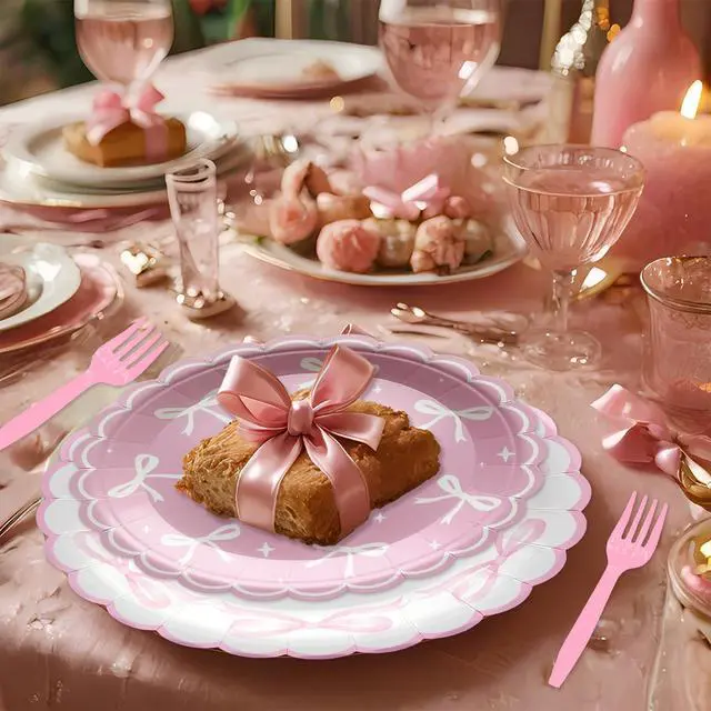 Alt view image 5 of 7 - 96Pcs Pink Bow Party Supplies Disposable Tableware Set Serve 24 Guests Include Pink Bow Plates and Napkins Forks for Bachelorette Bridal Engagement Baby Shower Birthday Party Decorations