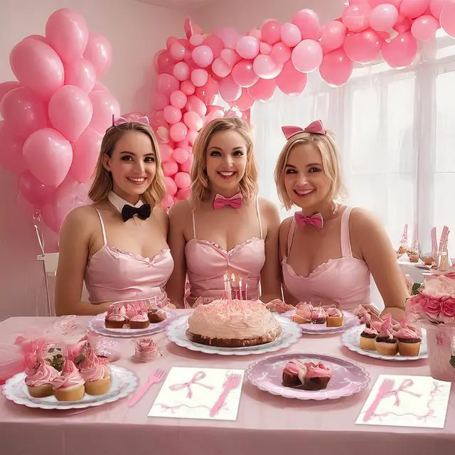 Alt view image 6 of 7 - 96Pcs Pink Bow Party Supplies Disposable Tableware Set Serve 24 Guests Include Pink Bow Plates and Napkins Forks for Bachelorette Bridal Engagement Baby Shower Birthday Party Decorations
