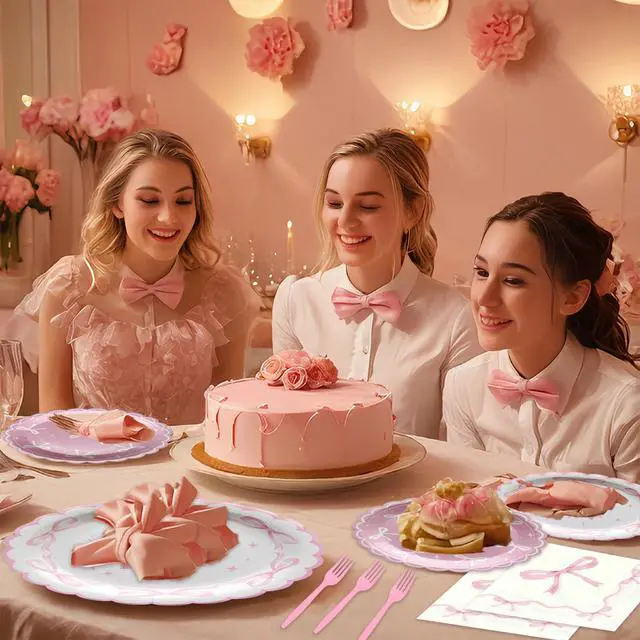Alt view image 7 of 7 - 96Pcs Pink Bow Party Supplies Disposable Tableware Set Serve 24 Guests Include Pink Bow Plates and Napkins Forks for Bachelorette Bridal Engagement Baby Shower Birthday Party Decorations