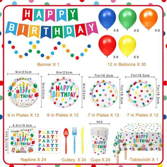 Alt view image 2 of 7 - Happy Birthday Decorations - Colorful Dots Birthday Party Supplies Includes Plates, Napkins, Cups, Cutlery, Banner, Hanging Swirl, Tablecloth, Balloons for Birthday Decorations, Serves 24