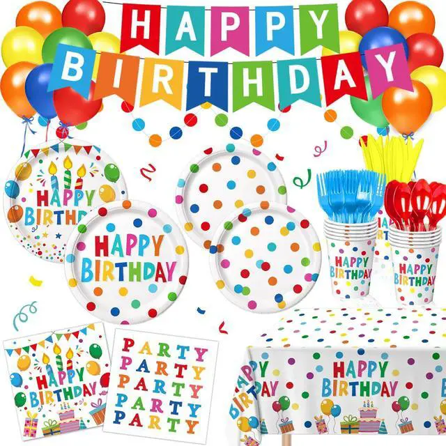Main image of Happy Birthday Decorations - Colorful Dots Birthday Party Supplies Includes Plates, Napkins, Cups, Cutlery, Banner, Hanging Swirl, Tablecloth, Balloons for Birthday Decorations, Serves 24