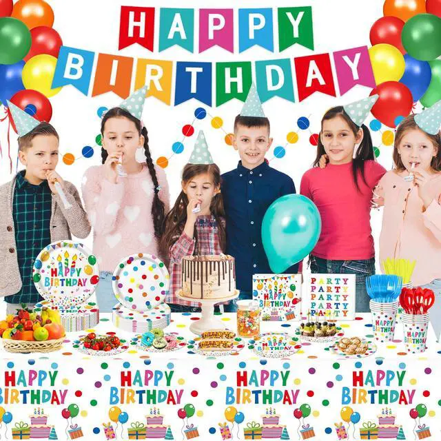 Alt view image 6 of 7 - Happy Birthday Decorations - Colorful Dots Birthday Party Supplies Includes Plates, Napkins, Cups, Cutlery, Banner, Hanging Swirl, Tablecloth, Balloons for Birthday Decorations, Serves 24