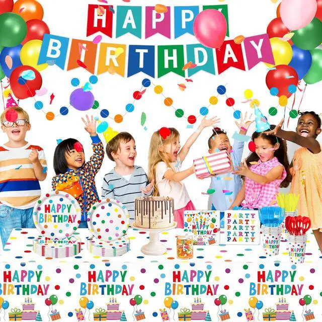 Alt view image 7 of 7 - Happy Birthday Decorations - Colorful Dots Birthday Party Supplies Includes Plates, Napkins, Cups, Cutlery, Banner, Hanging Swirl, Tablecloth, Balloons for Birthday Decorations, Serves 24