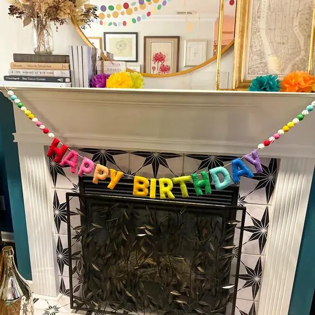 Alt view image 2 of 7 - Pre-Strung Happy Birthday Banner - Felt Ball Garland - Reusable HAPPY BIRTHDAY Garland, Rainbow Party Decorations, Personalized Holiday Sign for Party Decor, Kids Room Decor, Photo Prop (Rainbow)