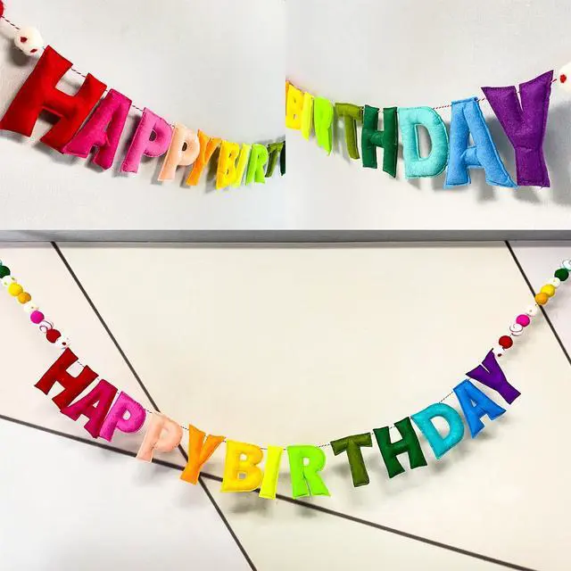 Alt view image 3 of 7 - Pre-Strung Happy Birthday Banner - Felt Ball Garland - Reusable HAPPY BIRTHDAY Garland, Rainbow Party Decorations, Personalized Holiday Sign for Party Decor, Kids Room Decor, Photo Prop (Rainbow)