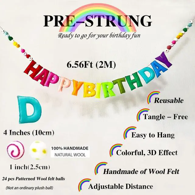 Alt view image 4 of 7 - Pre-Strung Happy Birthday Banner - Felt Ball Garland - Reusable HAPPY BIRTHDAY Garland, Rainbow Party Decorations, Personalized Holiday Sign for Party Decor, Kids Room Decor, Photo Prop (Rainbow)