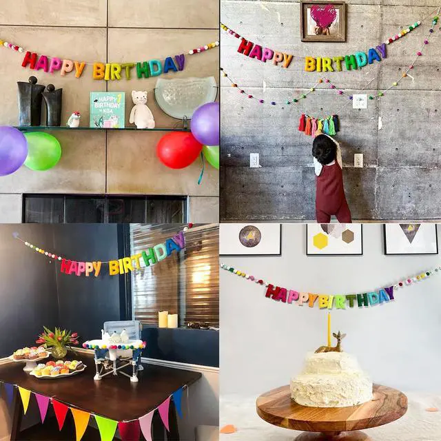 Alt view image 5 of 7 - Pre-Strung Happy Birthday Banner - Felt Ball Garland - Reusable HAPPY BIRTHDAY Garland, Rainbow Party Decorations, Personalized Holiday Sign for Party Decor, Kids Room Decor, Photo Prop (Rainbow)