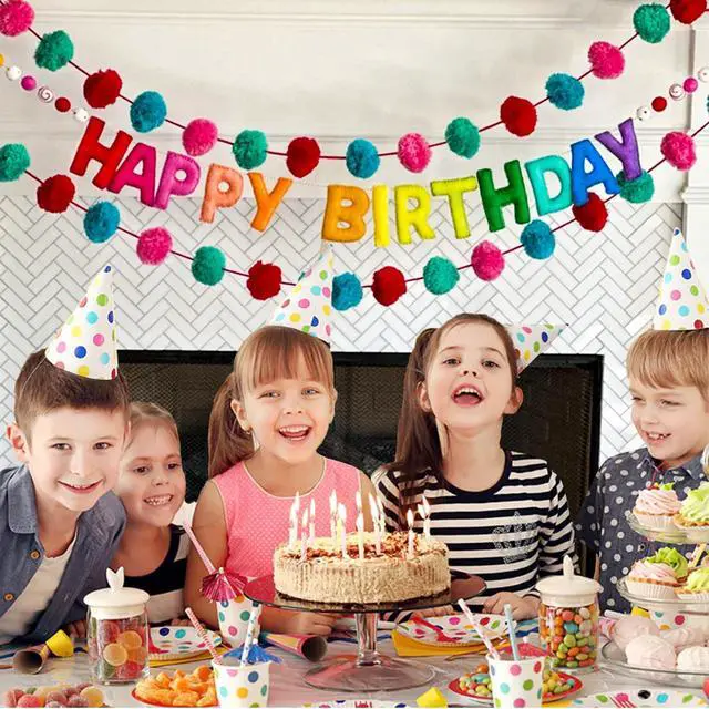 Alt view image 6 of 7 - Pre-Strung Happy Birthday Banner - Felt Ball Garland - Reusable HAPPY BIRTHDAY Garland, Rainbow Party Decorations, Personalized Holiday Sign for Party Decor, Kids Room Decor, Photo Prop (Rainbow)