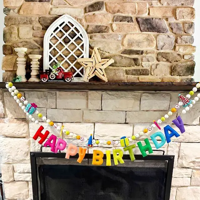 Alt view image 7 of 7 - Pre-Strung Happy Birthday Banner - Felt Ball Garland - Reusable HAPPY BIRTHDAY Garland, Rainbow Party Decorations, Personalized Holiday Sign for Party Decor, Kids Room Decor, Photo Prop (Rainbow)