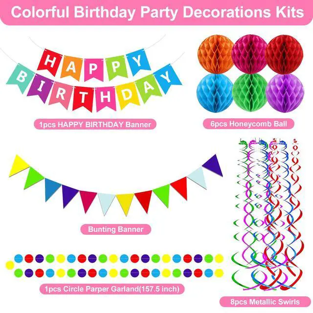 Alt view image 3 of 7 - Happy Birthday Banner With Colorful Paper Flag Bunting Paper Circle Confetti Garland Swirl Streamers Honeycomb ball for Birthday Party Decorations