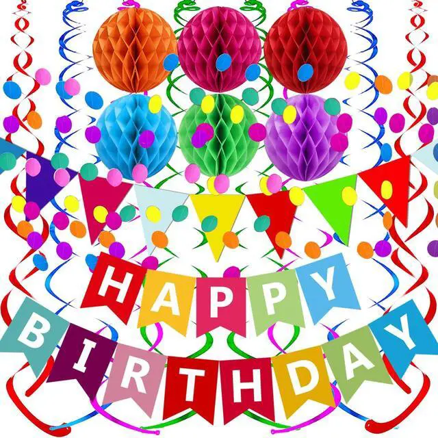 Main image of Happy Birthday Banner With Colorful Paper Flag Bunting Paper Circle Confetti Garland Swirl Streamers Honeycomb ball for Birthday Party Decorations