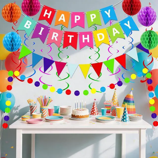 Alt view image 5 of 7 - Happy Birthday Banner With Colorful Paper Flag Bunting Paper Circle Confetti Garland Swirl Streamers Honeycomb ball for Birthday Party Decorations