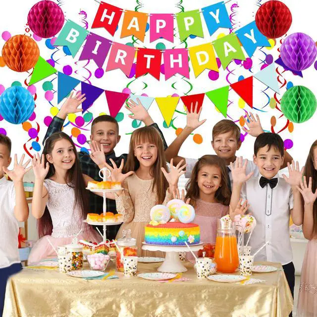 Alt view image 4 of 7 - Happy Birthday Banner With Colorful Paper Flag Bunting Paper Circle Confetti Garland Swirl Streamers Honeycomb ball for Birthday Party Decorations